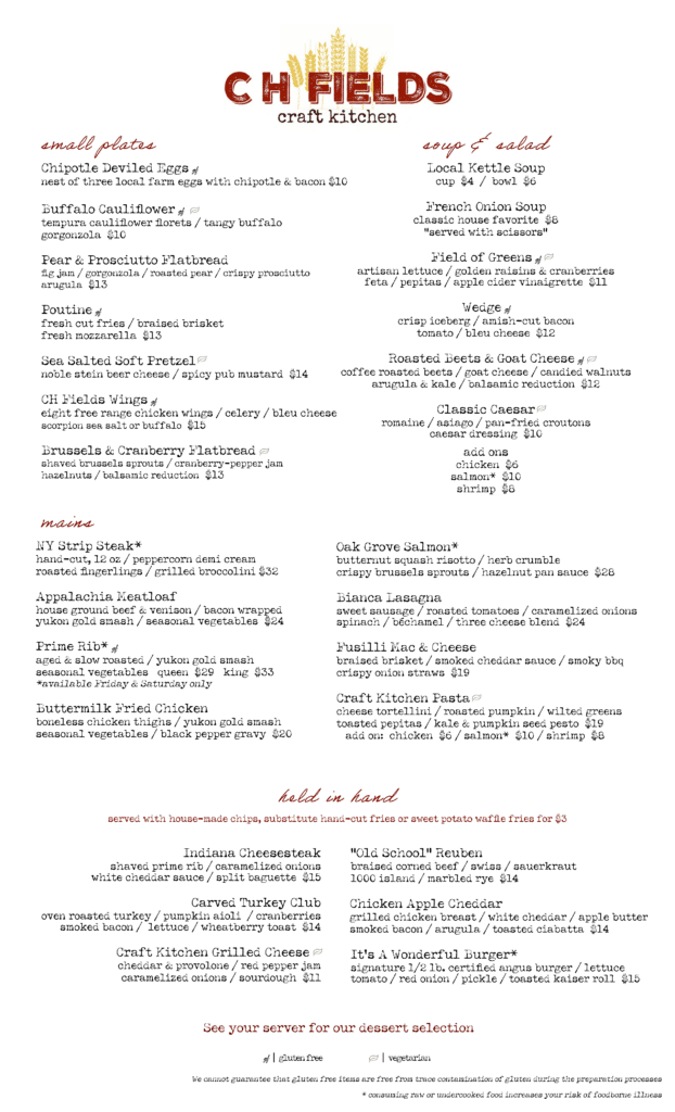 Menus CH Fields Craft Kitchen