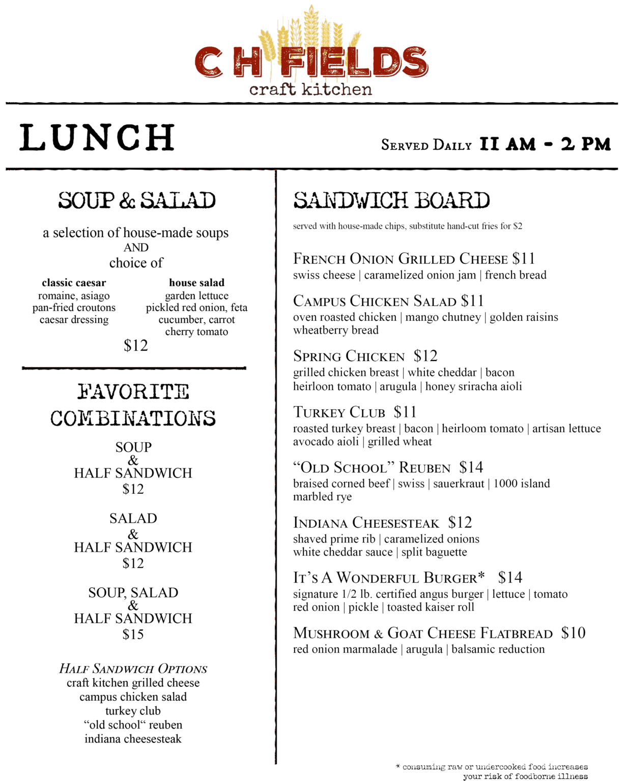 Menus CH Fields Craft Kitchen